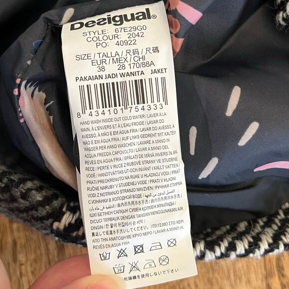 NWT Desigual Wool Blend Coat Womens 4 Tweed Embroidered Plaid Artsy Jacket Pea - Picture 14 of 16
